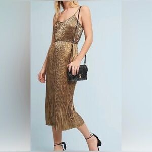 NWT Anthropologie Tracy Reese Metallic Gold Pleated Dress Size S Petite